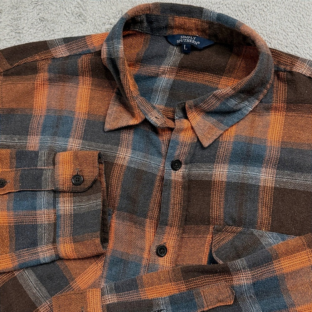 Simply Southern Mens Large Flannel Shirt Orange Brown Plaid Button Down L LS